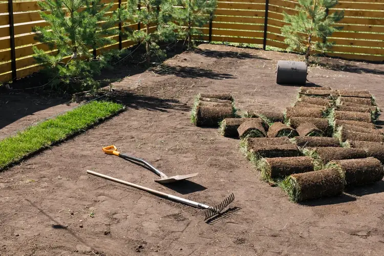 Sod installation work in progress with sod rolls prepared for a new lawn